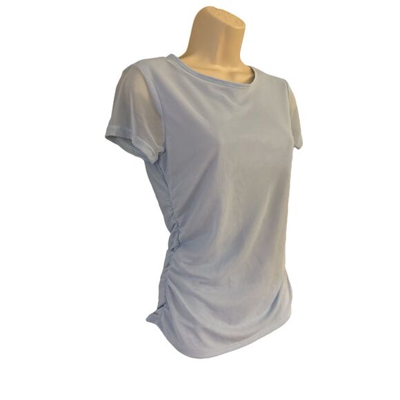 Just Be Women’s Short Sleeve Powder Blue Mesh Ruched Top Stretchy Size Medium - Picture 2 of 6
